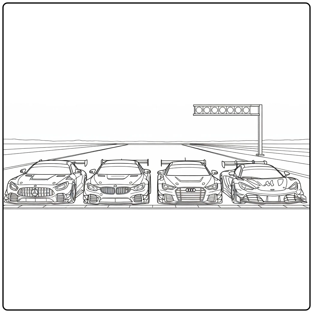 kleurplaat raceauto met Mercedes BMW Audi McLaren op grid