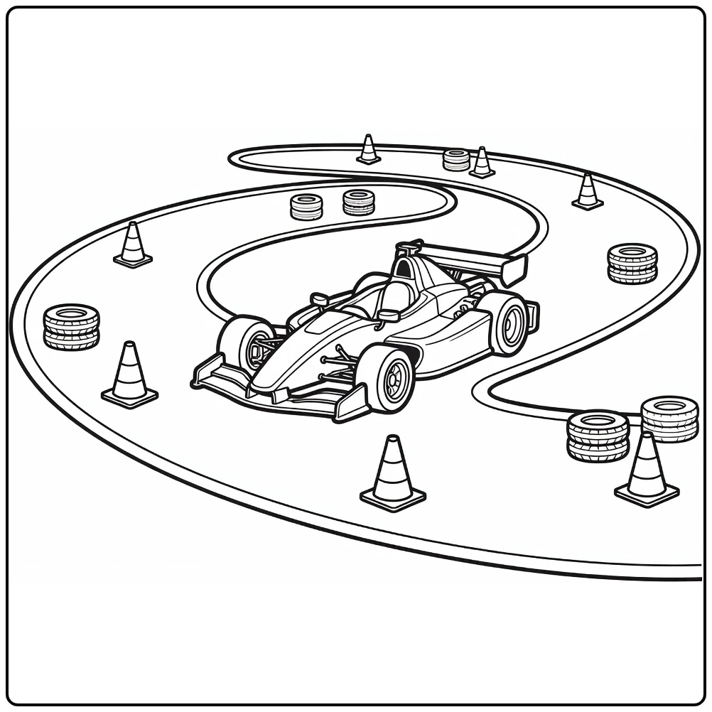 kleurplaat raceauto op circuit met kegels en banden