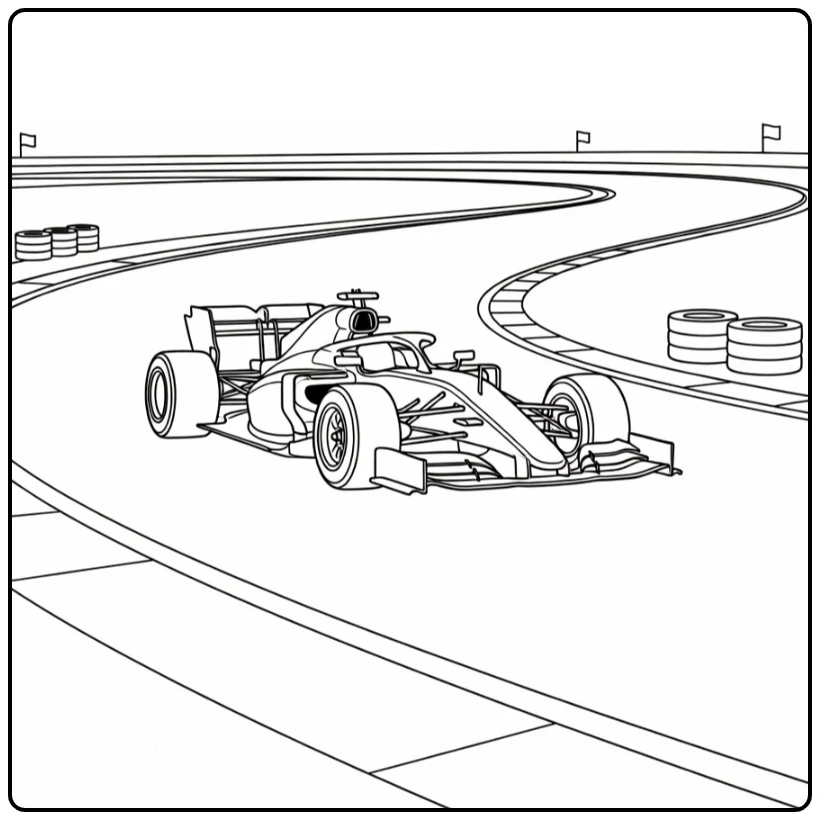 Kleurplaat raceauto van Formule auto op bochtige baan