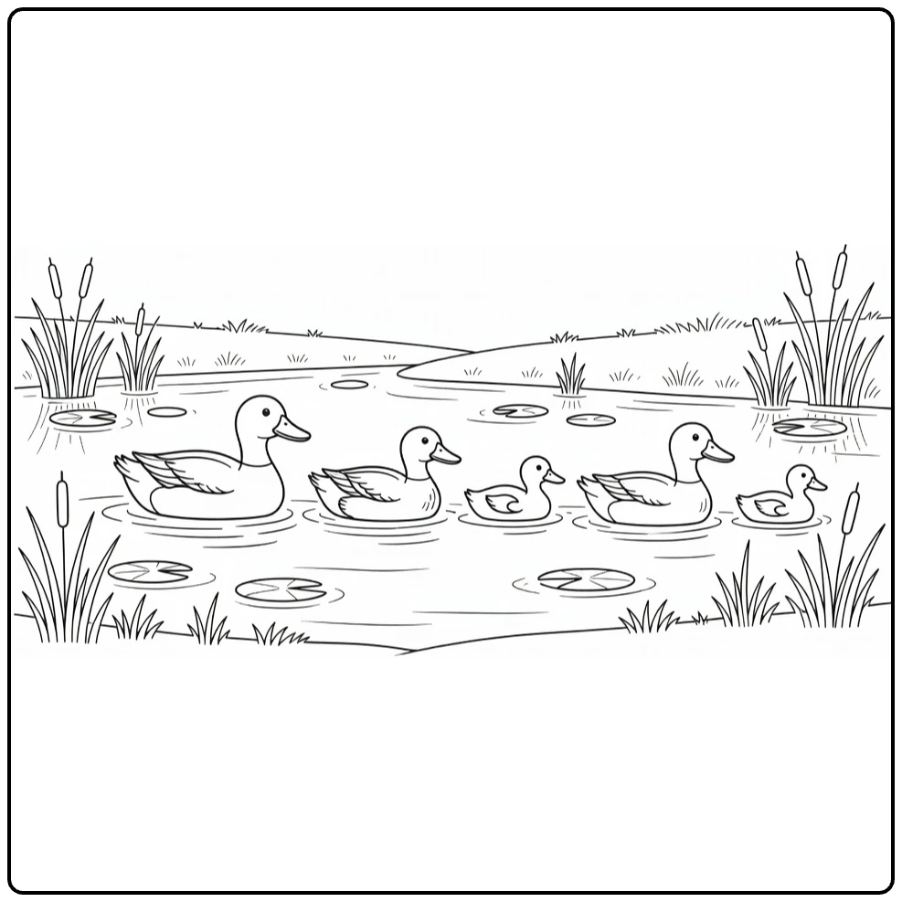 kleurplaat rivier met eendenfamilie en waterlelies