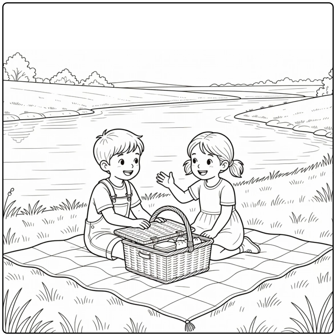 Kleurplaat rivier met twee kinderen op picknick