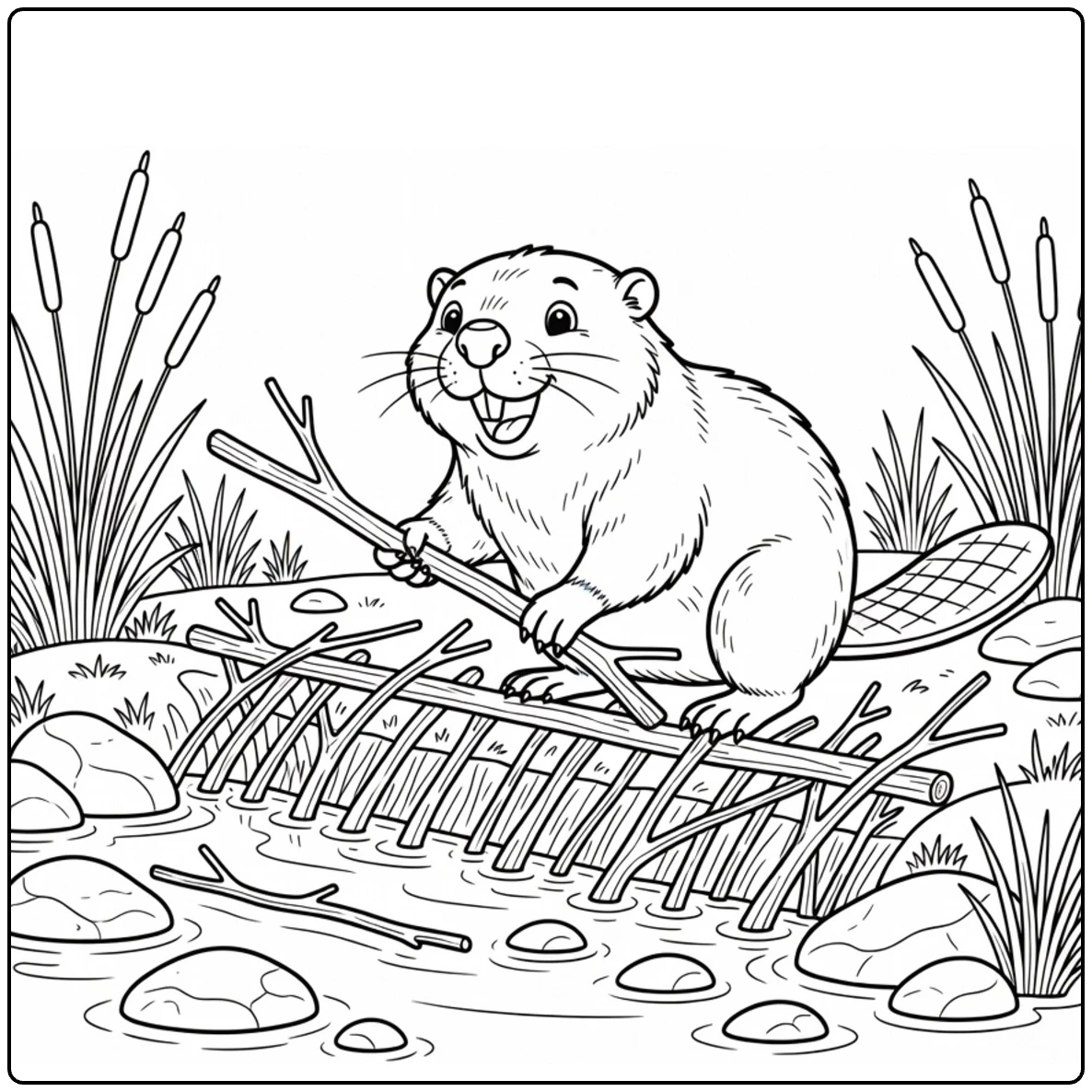 kleurplaat rivier met vrolijke bever die dam bouwt