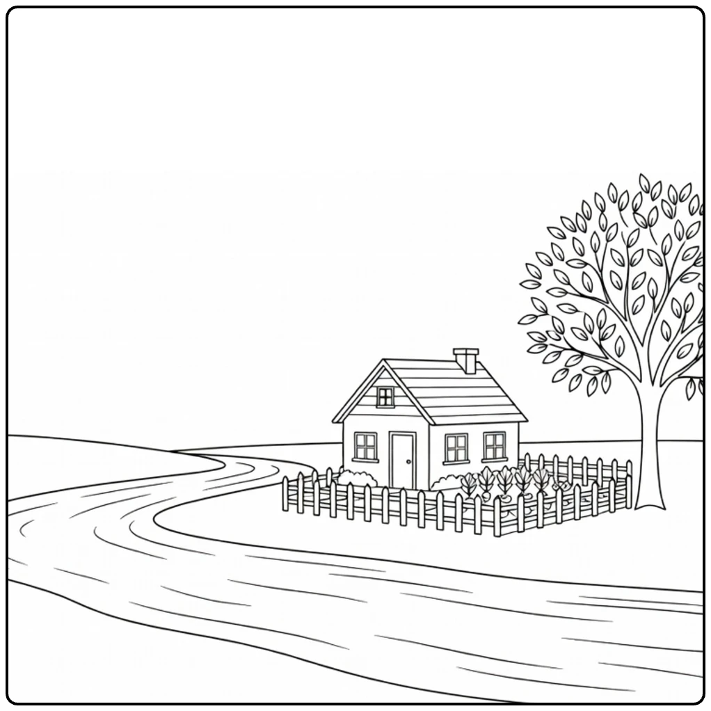 kleurplaat rivier langs knus cottage met tuin en boom