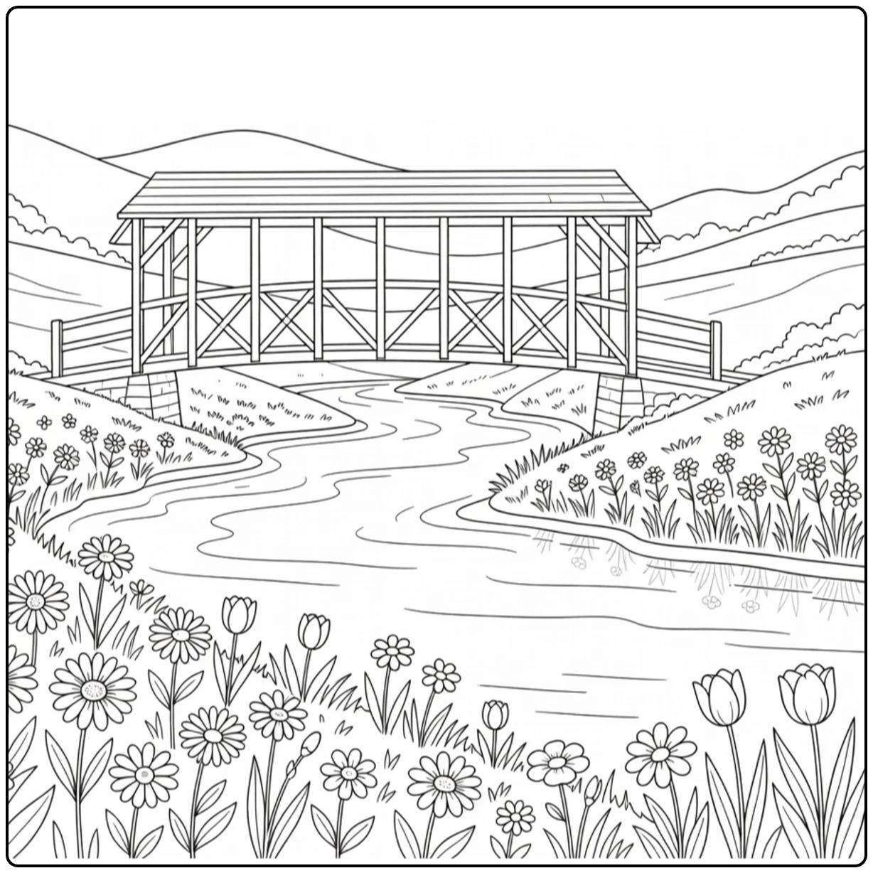 kleurplaat rivier met overdekte brug en wilde bloemen