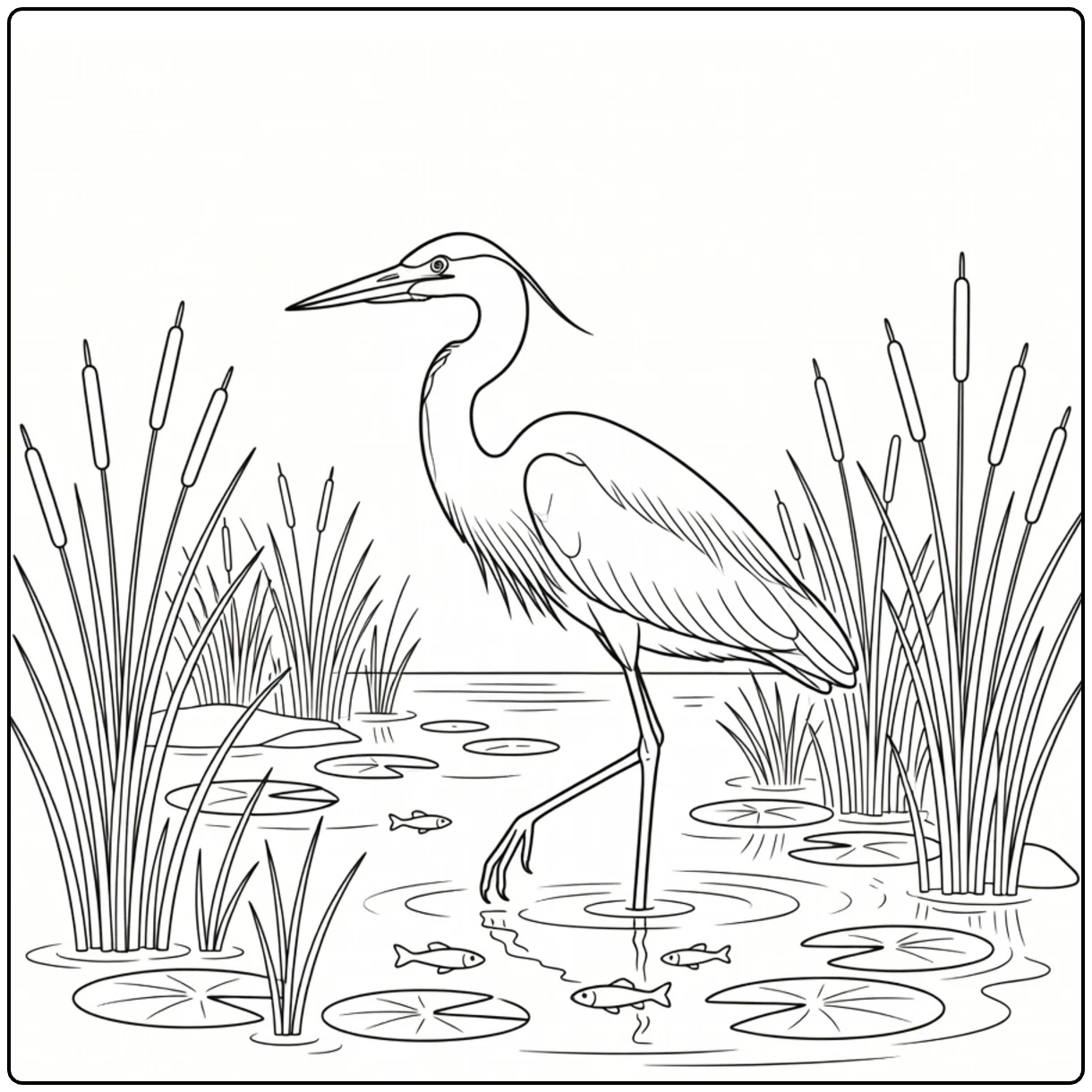 kleurplaat rivier met elegante reiger in ondiep water