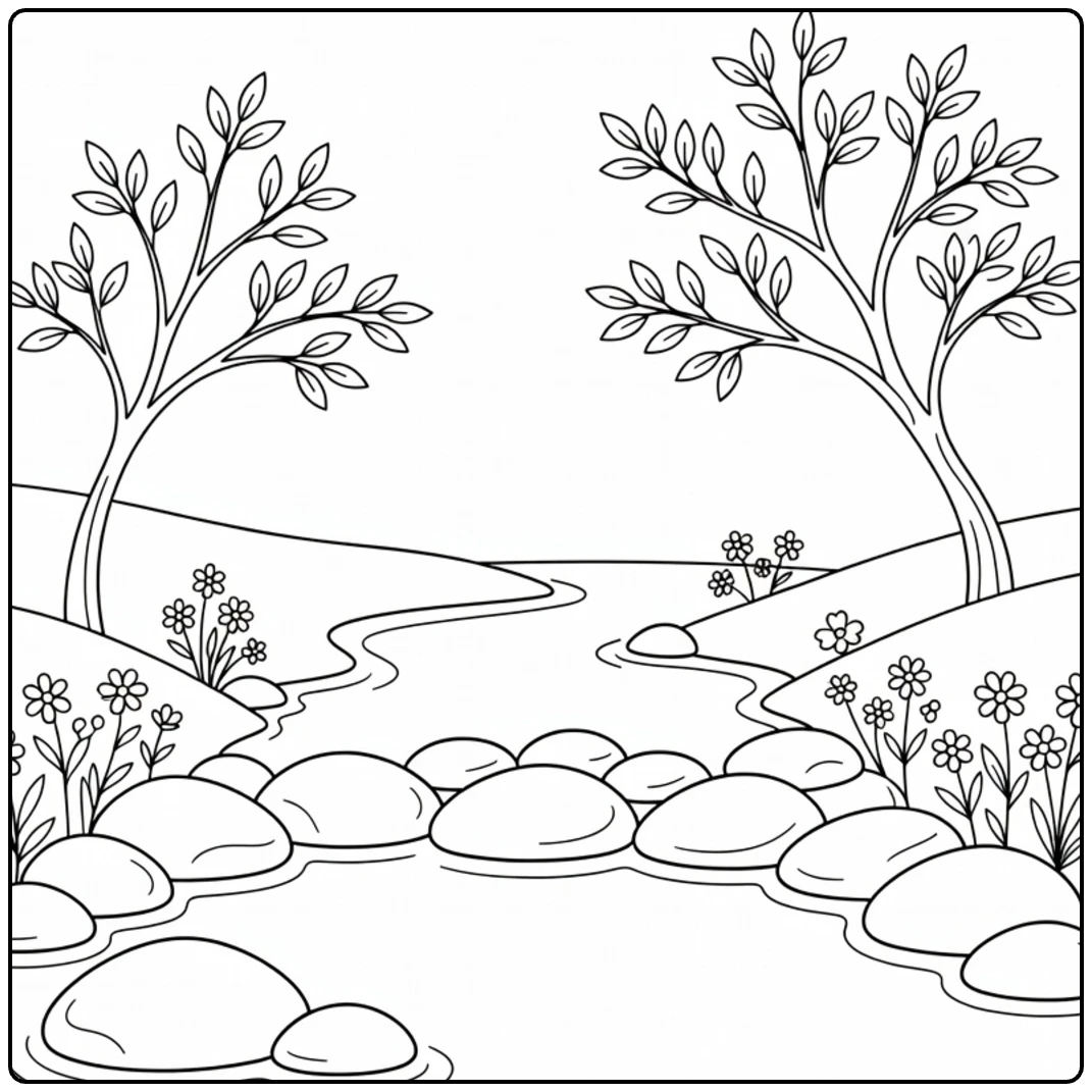 kleurplaat rivier met stapstenen bloemen en boom