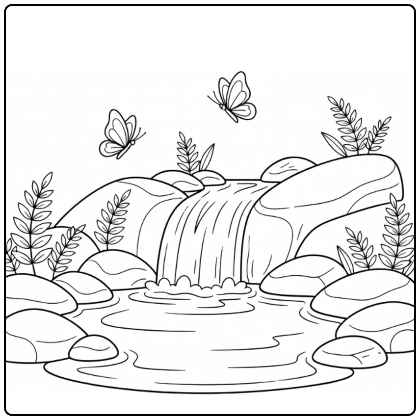 kleurplaat rivier met waterval en vlinders boven water