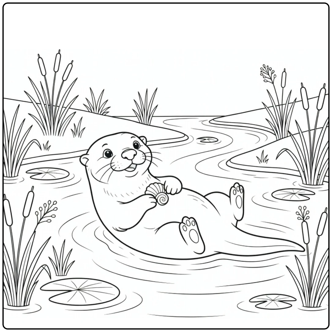 kleurplaat rivier met otter op rug en schelp