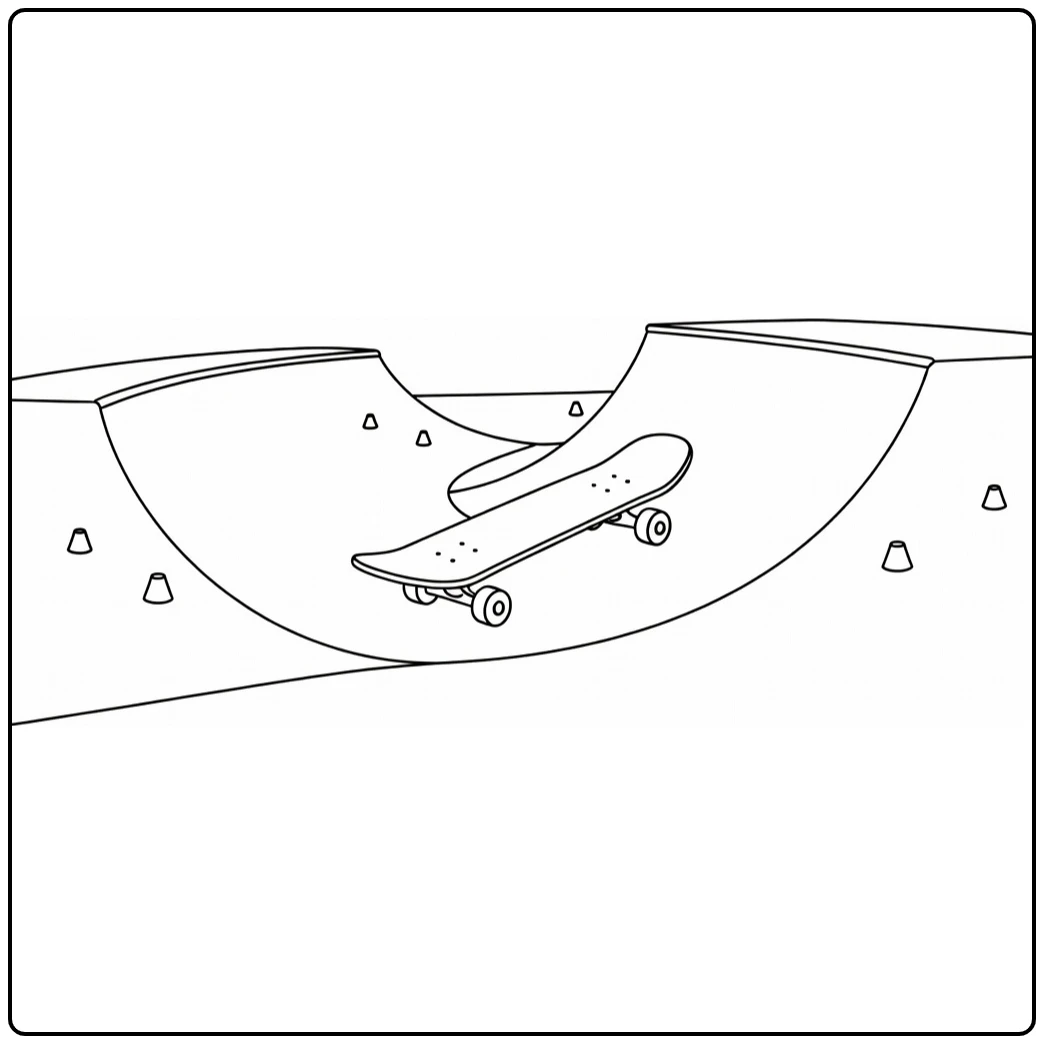 kleurplaat skateboard op skatepark helling met kegels