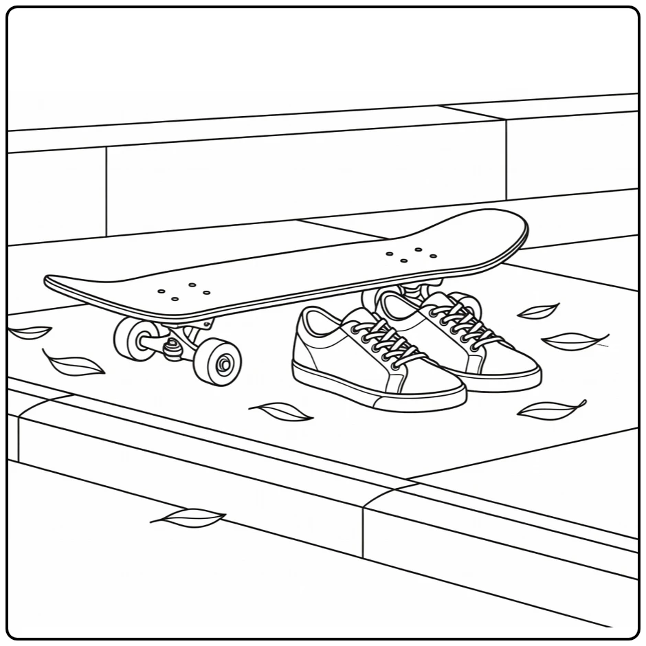 kleurplaat skateboard op stoep met sneakers en bladeren