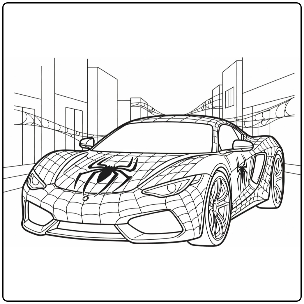 kleurplaat spiderman auto met spinembleem op motorkap