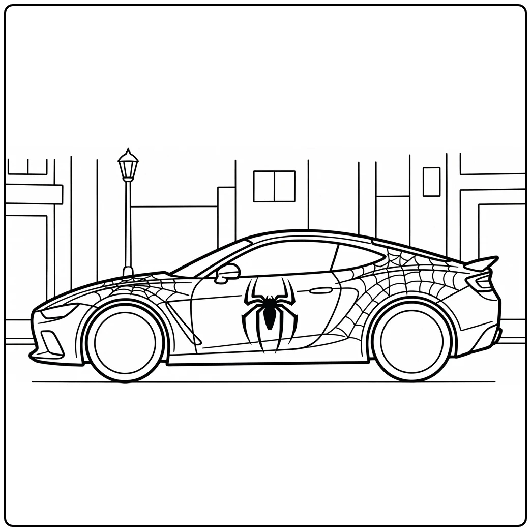 kleurplaat spiderman auto met spinlogo en webdecoraties