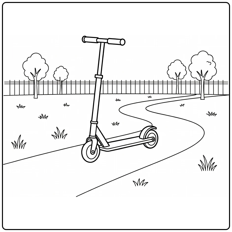 Kleurplaat step in park met pad gras en hek