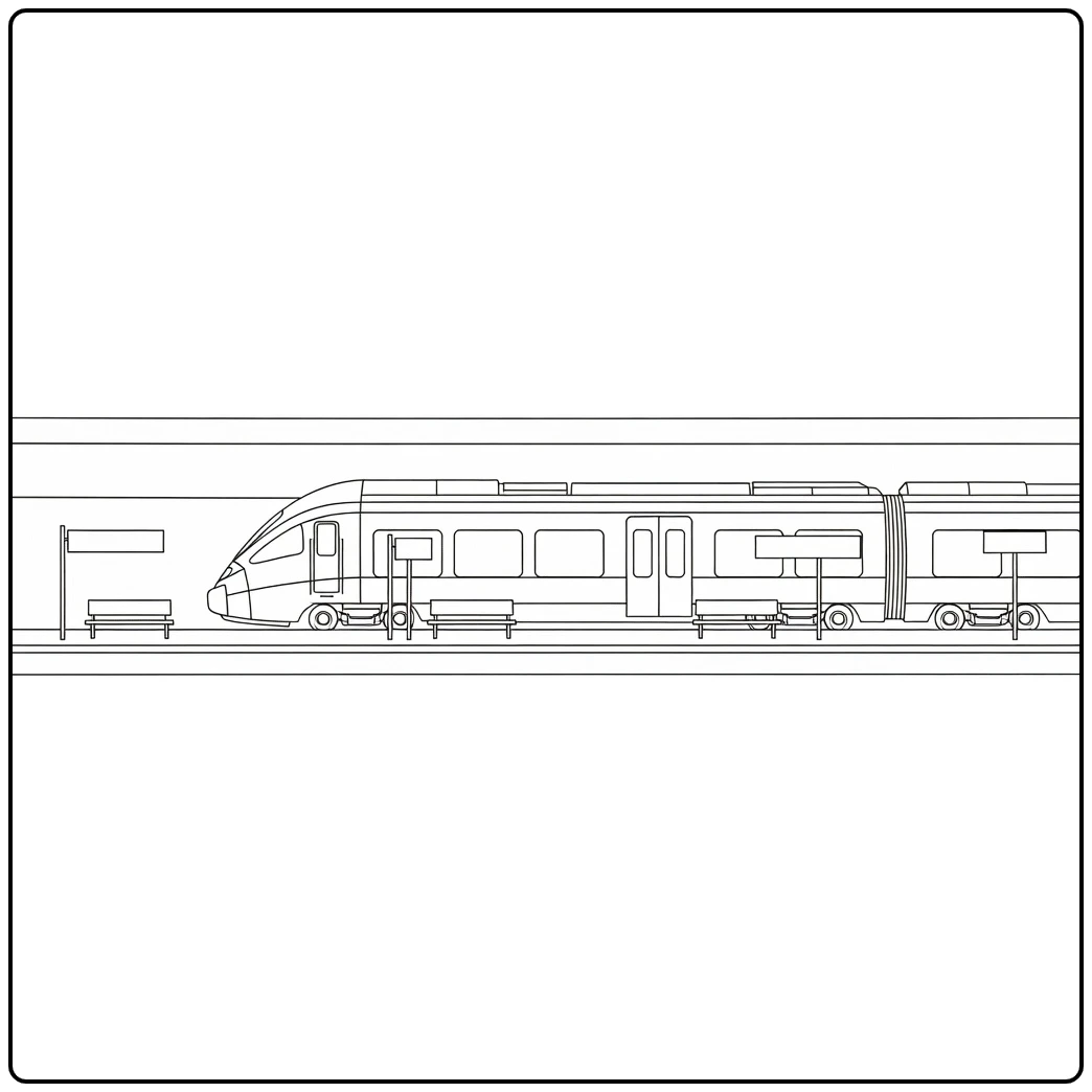 kleurplaat trein bij station met banken en borden