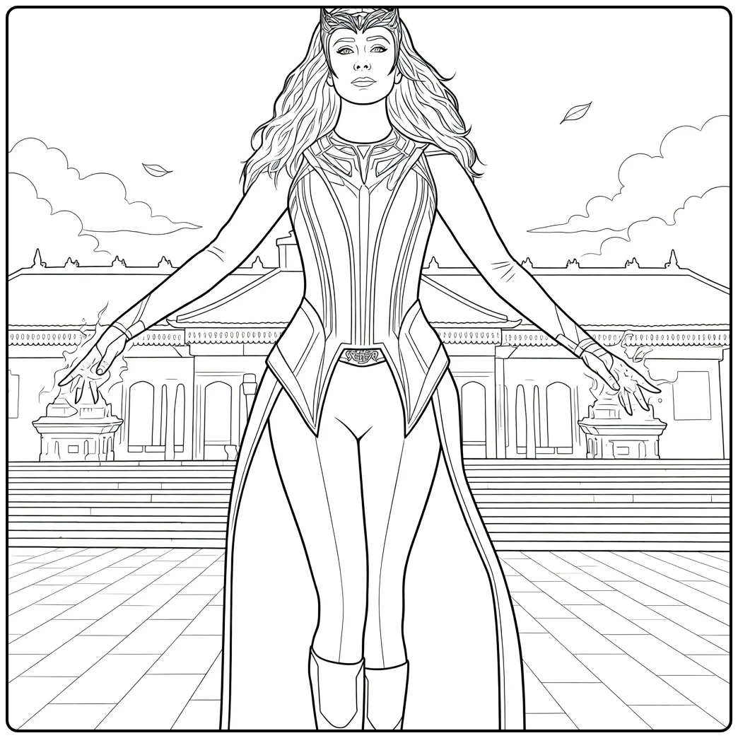 Scarlet Witch Kleurplaat van een vrouw met uitgestrekte armen en energie-effecten voor een groot gebouw