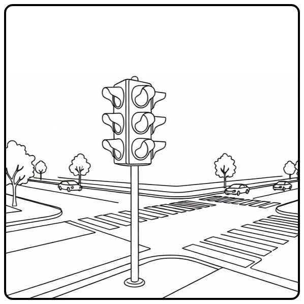 kleurplaat verkeerslicht bij rustige kruising met bomen en zebrapad