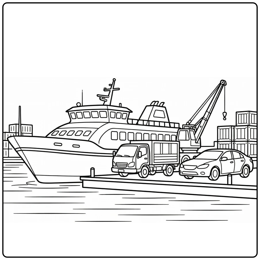 kleurplaat vervoermiddelen met veerboot en voertuigen in haven