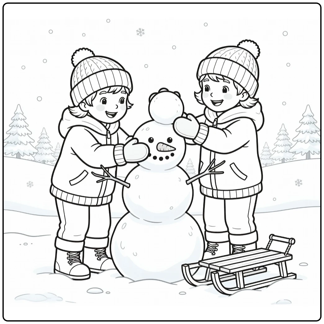 kleurplaat winter met kinderen die sneeuwpop bouwen