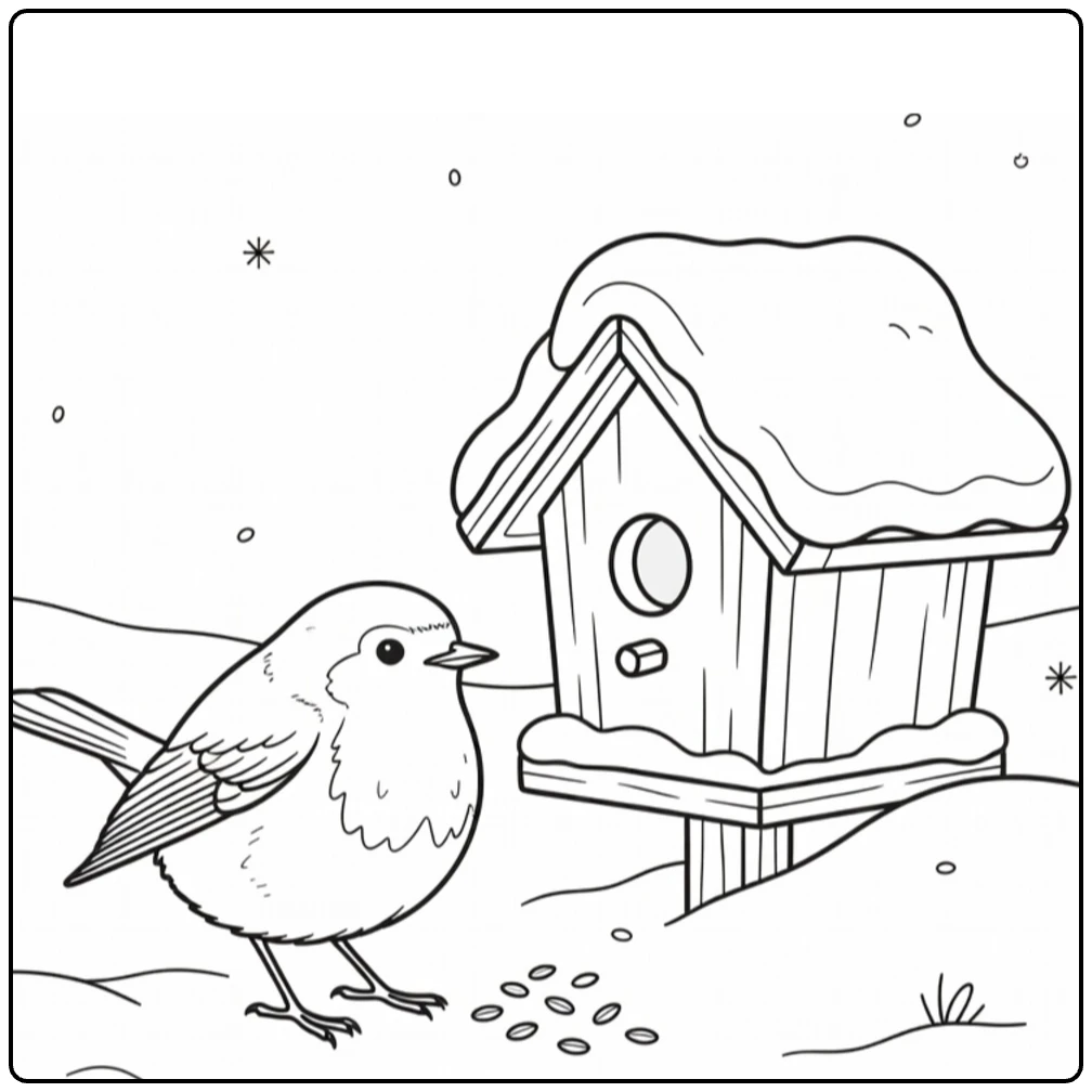 kleurplaat winter roodborstje bij besneeuwde vogelhuis