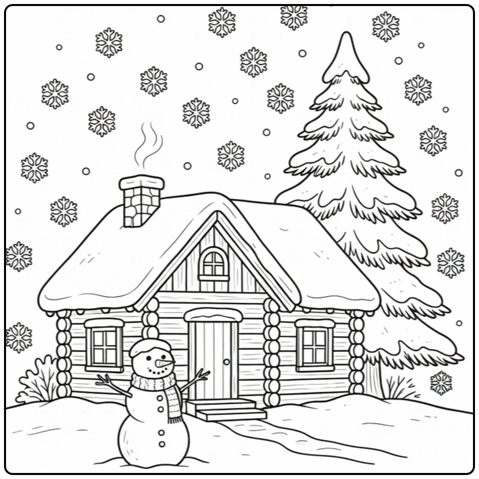 kleurplaat winter met knusse hut en sneeuwpop