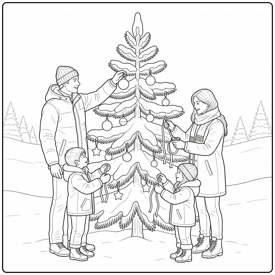 kleurplaat winter familie versiert besneeuwde dennenboom