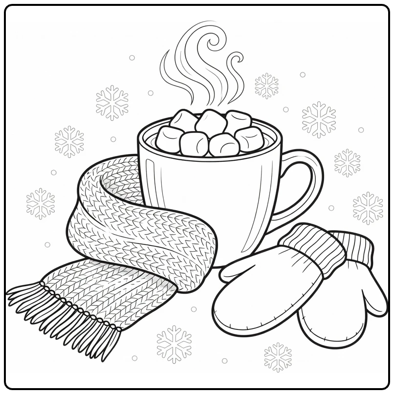 Kleurplaat winter met cacao mok, marshmallows, sjaal en wanten