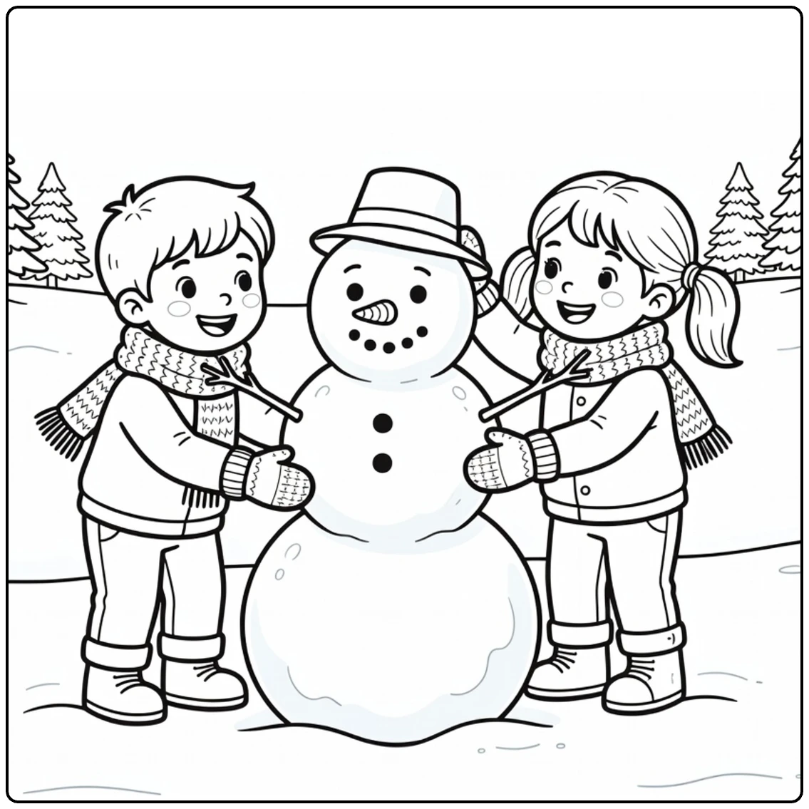 kleurplaat winter met kinderen die sneeuwpop bouwen in veld