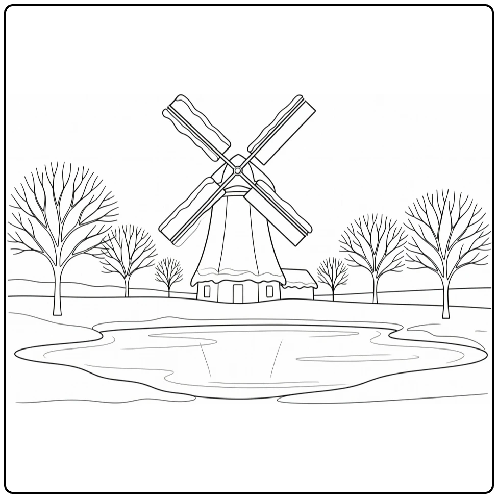 kleurplaat winter met windmolen bij bevroren vijver