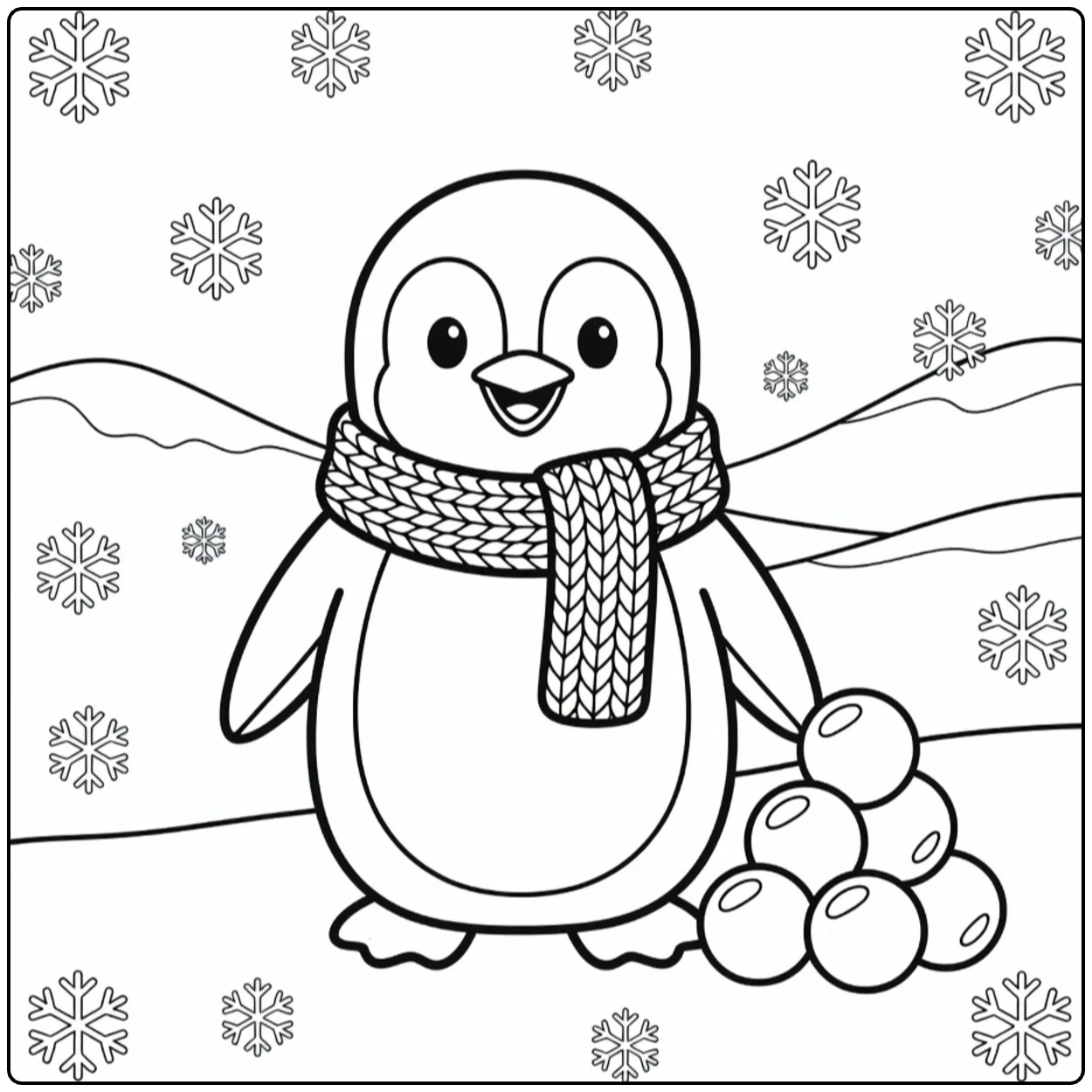 Kleurplaat winter met vrolijke pinguïn met sjaal en sneeuwballen