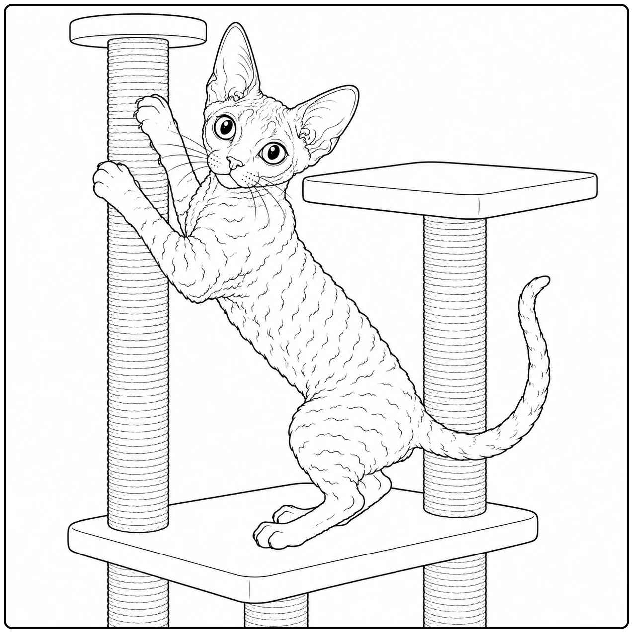 Lenige kat klimt langs de hoge krabpaal en houdt zich met beide voorpoten vast.