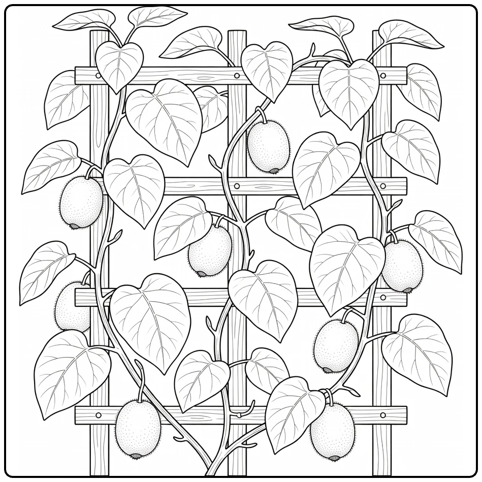Klimplanten Kleurplaat kiwi's op houten frame met bladeren