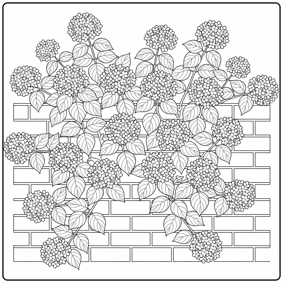 Klimplanten Kleurplaat van hortensia op bakstenen muur