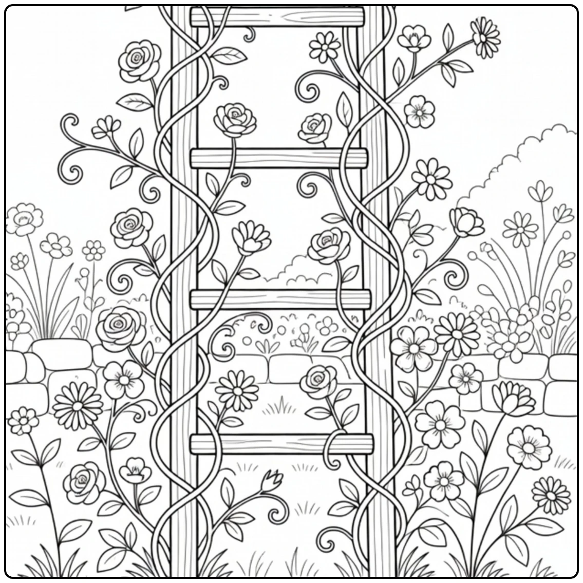 Klimplanten Kleurplaat houten ladder met klimop