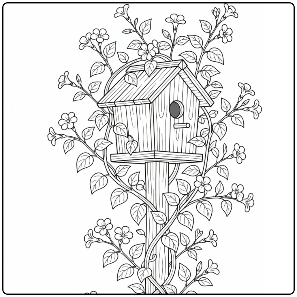 Klimplanten Kleurplaat bloeiende rank rond vogelhuisje