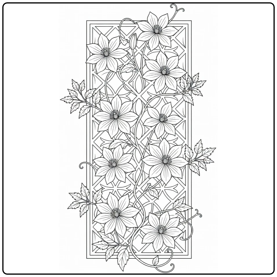 Klimplanten Kleurplaat clematis op decoratief latwerk
