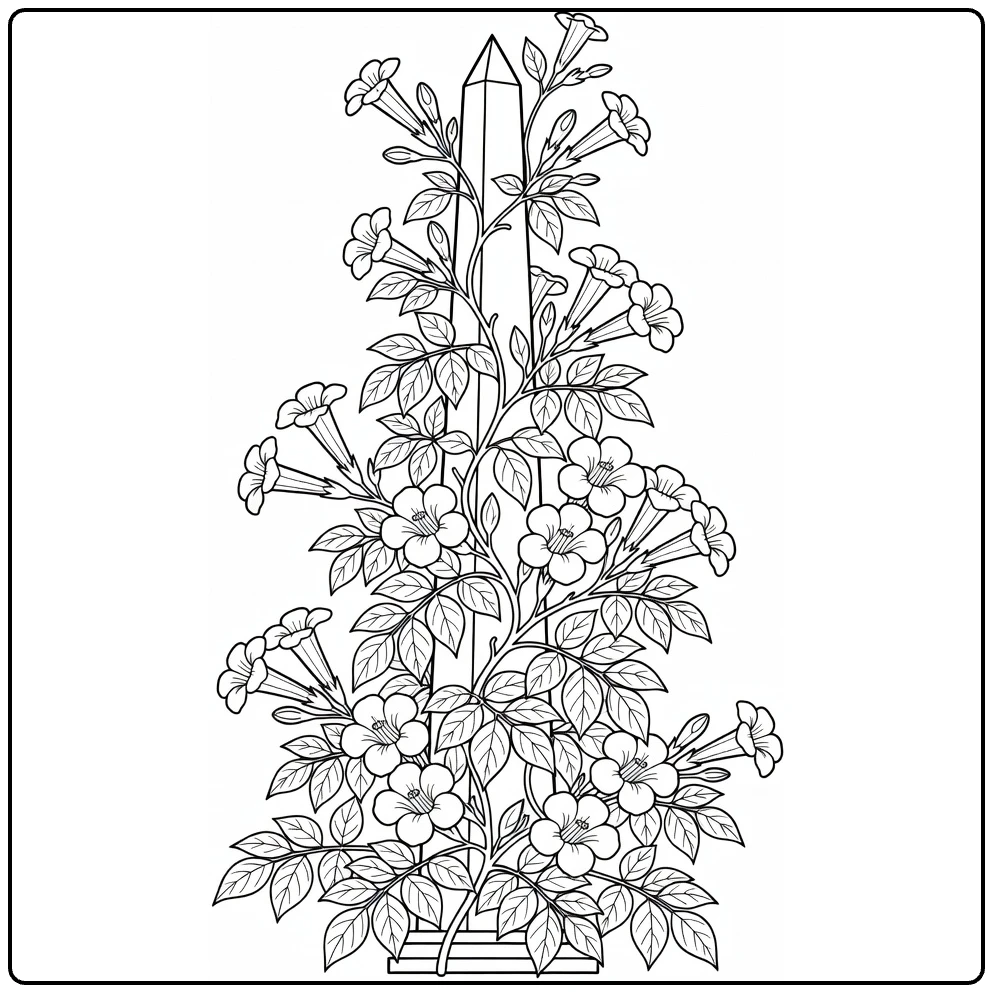 Klimplanten Kleurplaat trompetrank op tuinobelisk met bloemen