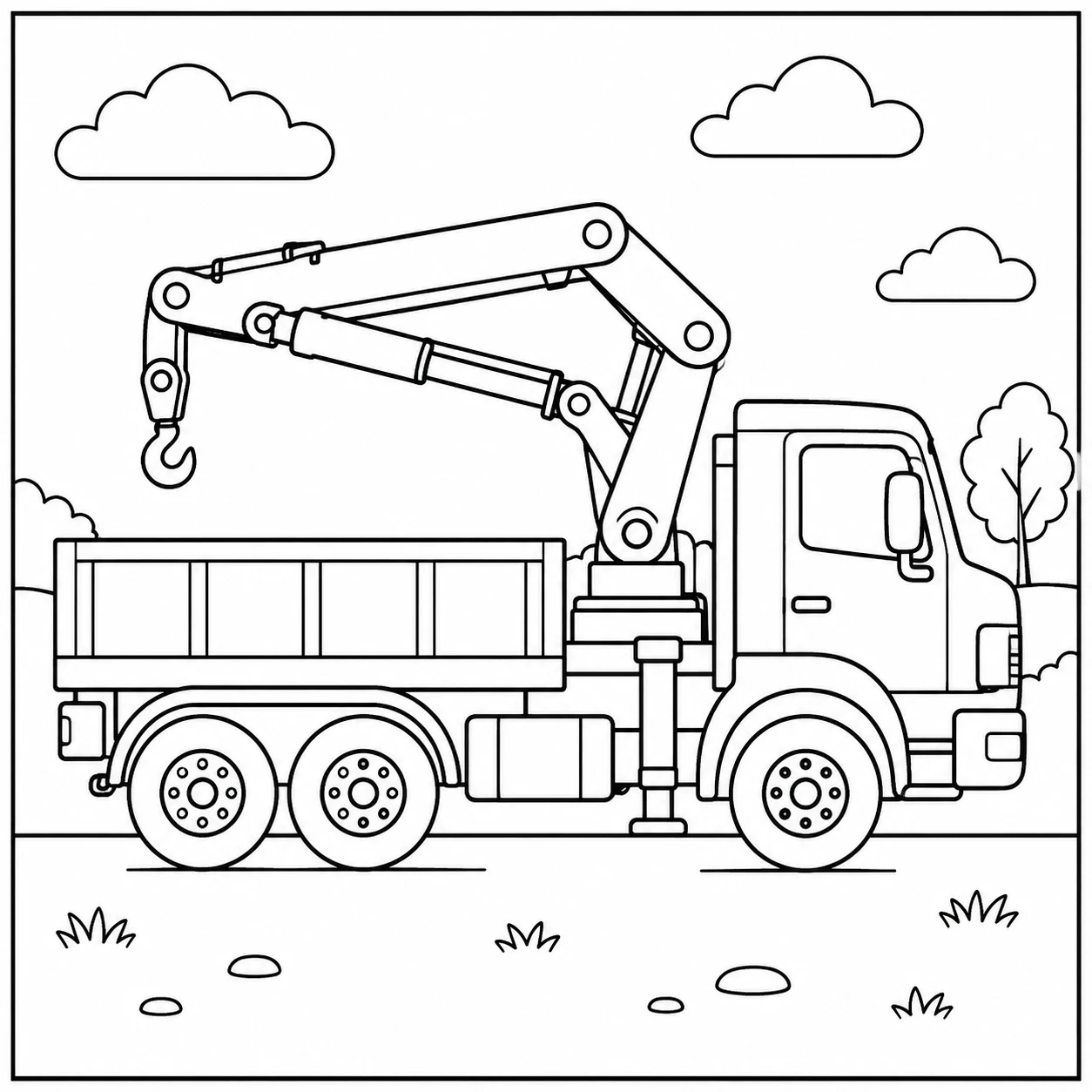 Zijaanzicht van een laadwagen met knikarmkraan, lege bak en losse hijshaak.