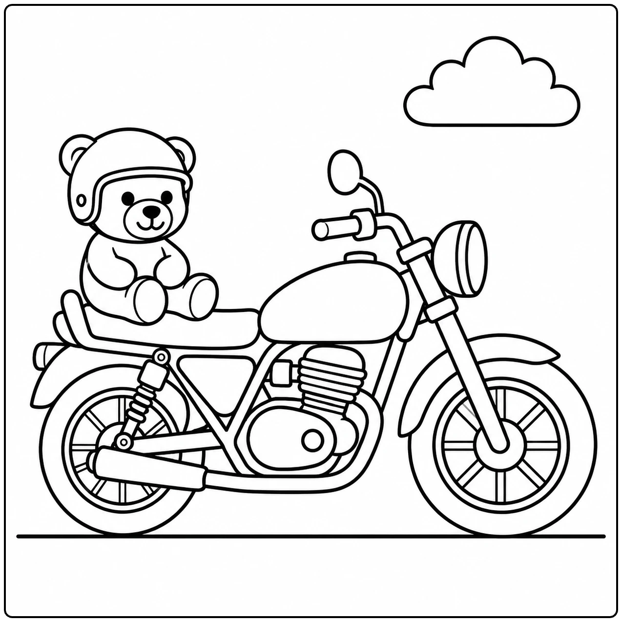 Knuffelbeer met helm zit achterop een motorfiets onder een enkele wolk