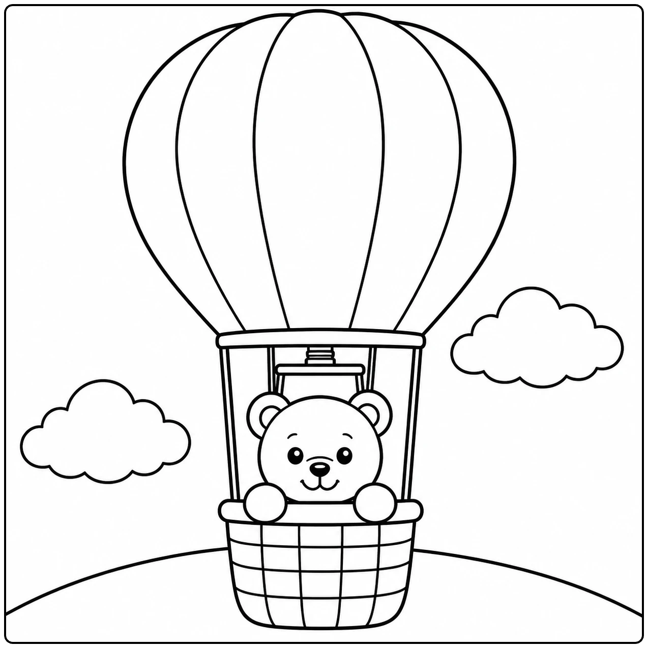 Knuffelbeer in een kleurplaat luchtballon boven een gebogen heuvel tussen drie wolken