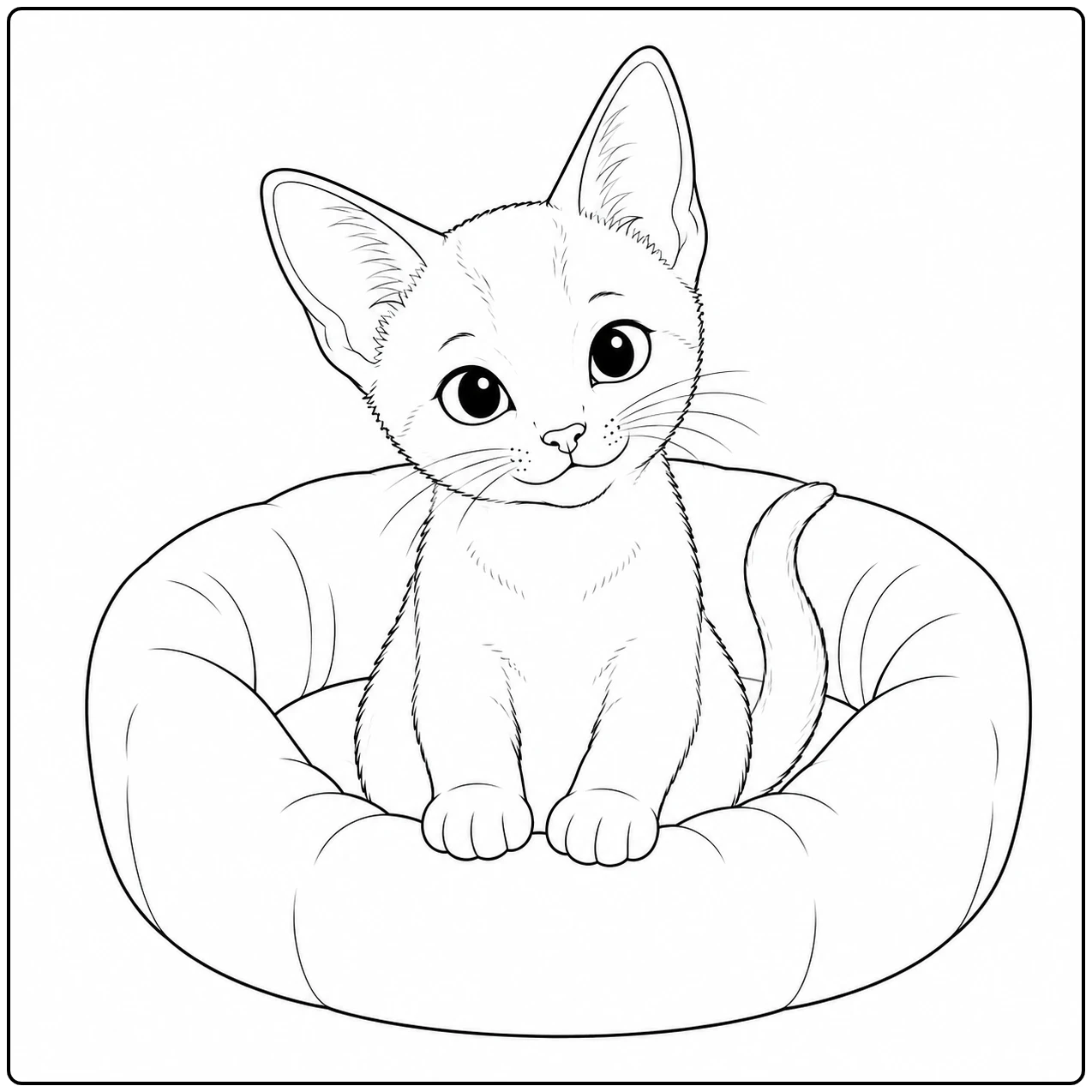 Kleine kat zit met beide voorpoten in een rond, zacht mandje en kijkt vriendelijk vooruit.