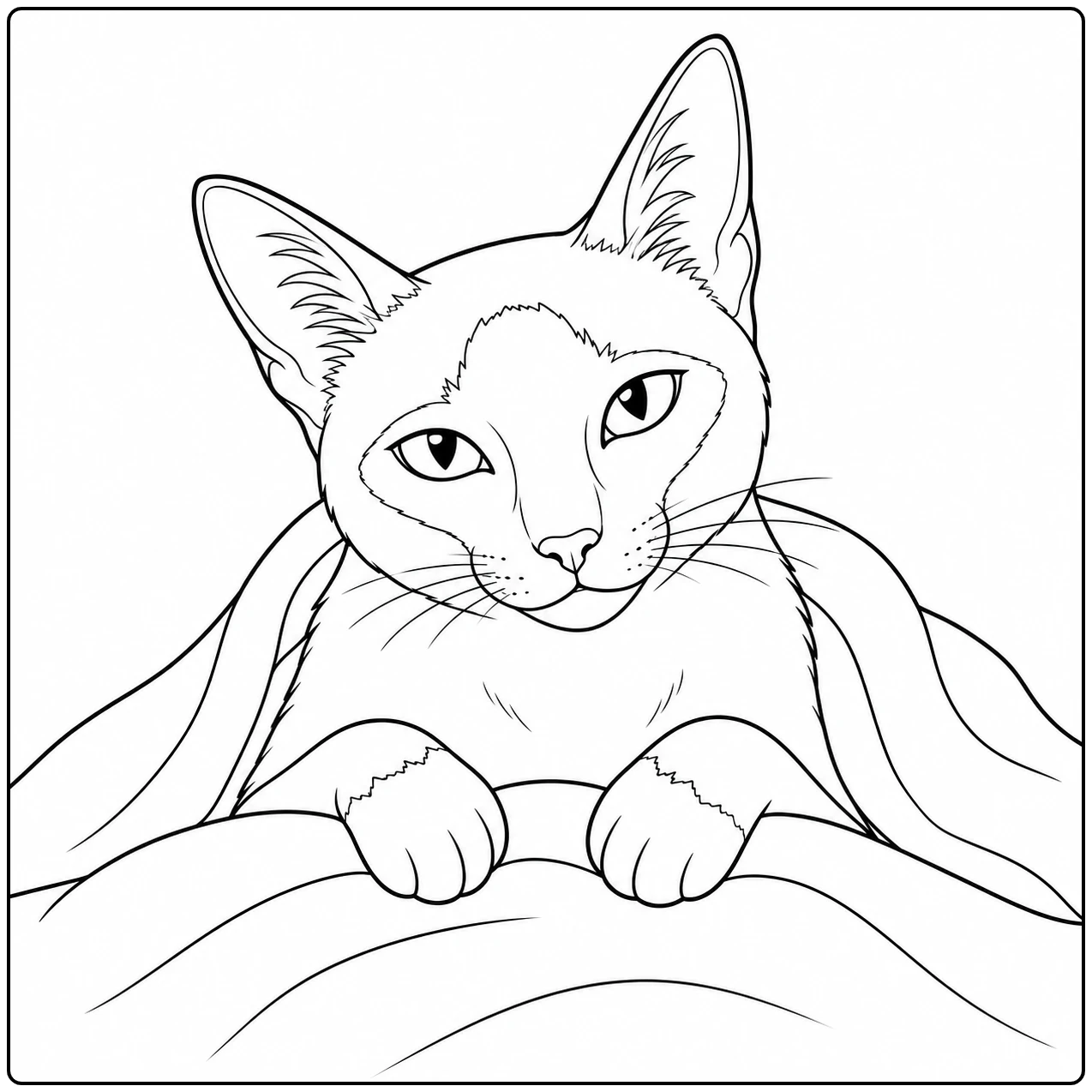 Siamese kat kijkt vanuit bed over een geplooide deken met beide poten zichtbaar