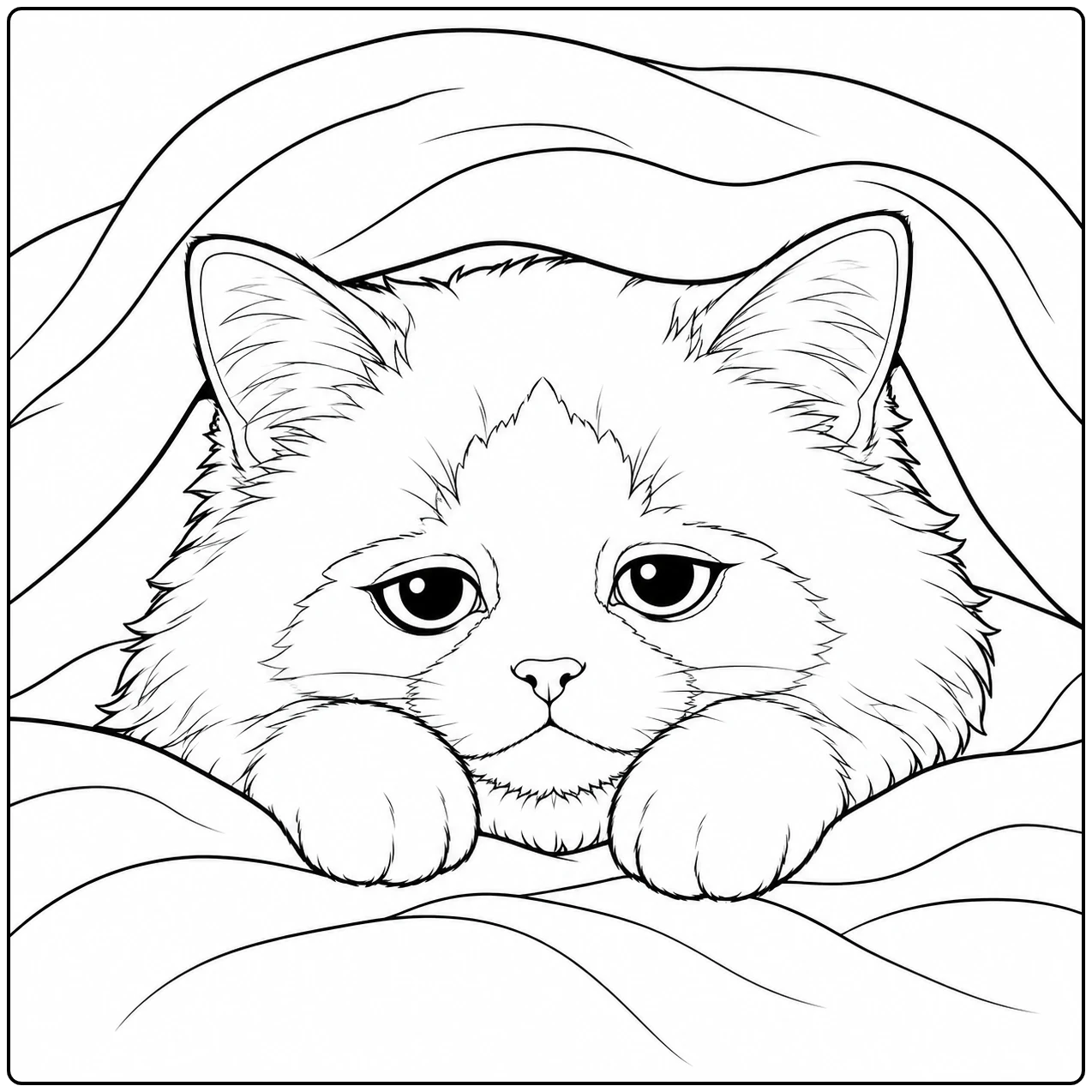 Slaperige langharige kat kijkt onder een deken vandaan, met haar kin en voorpoten op het beddengoed.