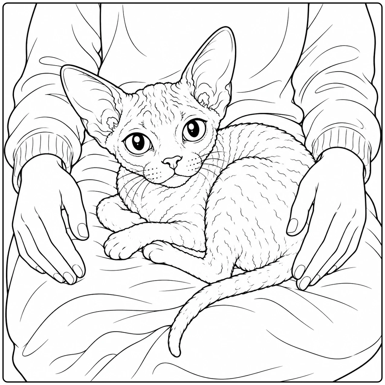 Ontspannen Devon Rex ligt opgerold op iemands schoot, omringd door zachte handen.