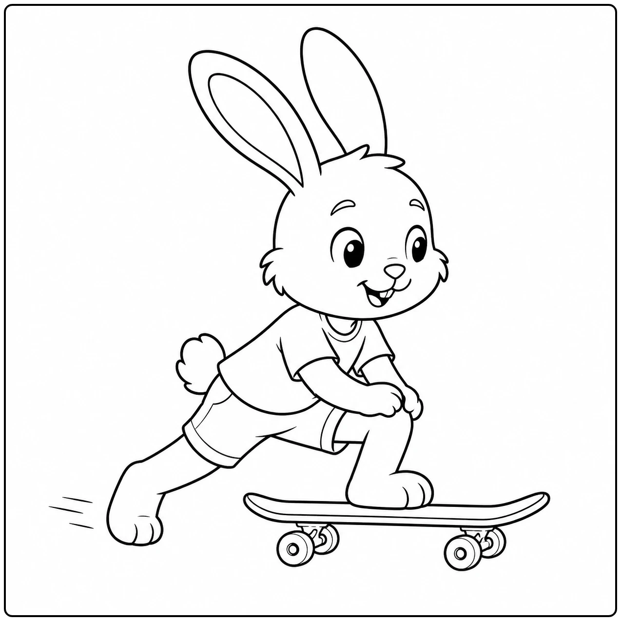 Konijn buigt voorover op zijn skateboard en rolt snel vooruit met lange oren recht omhoog