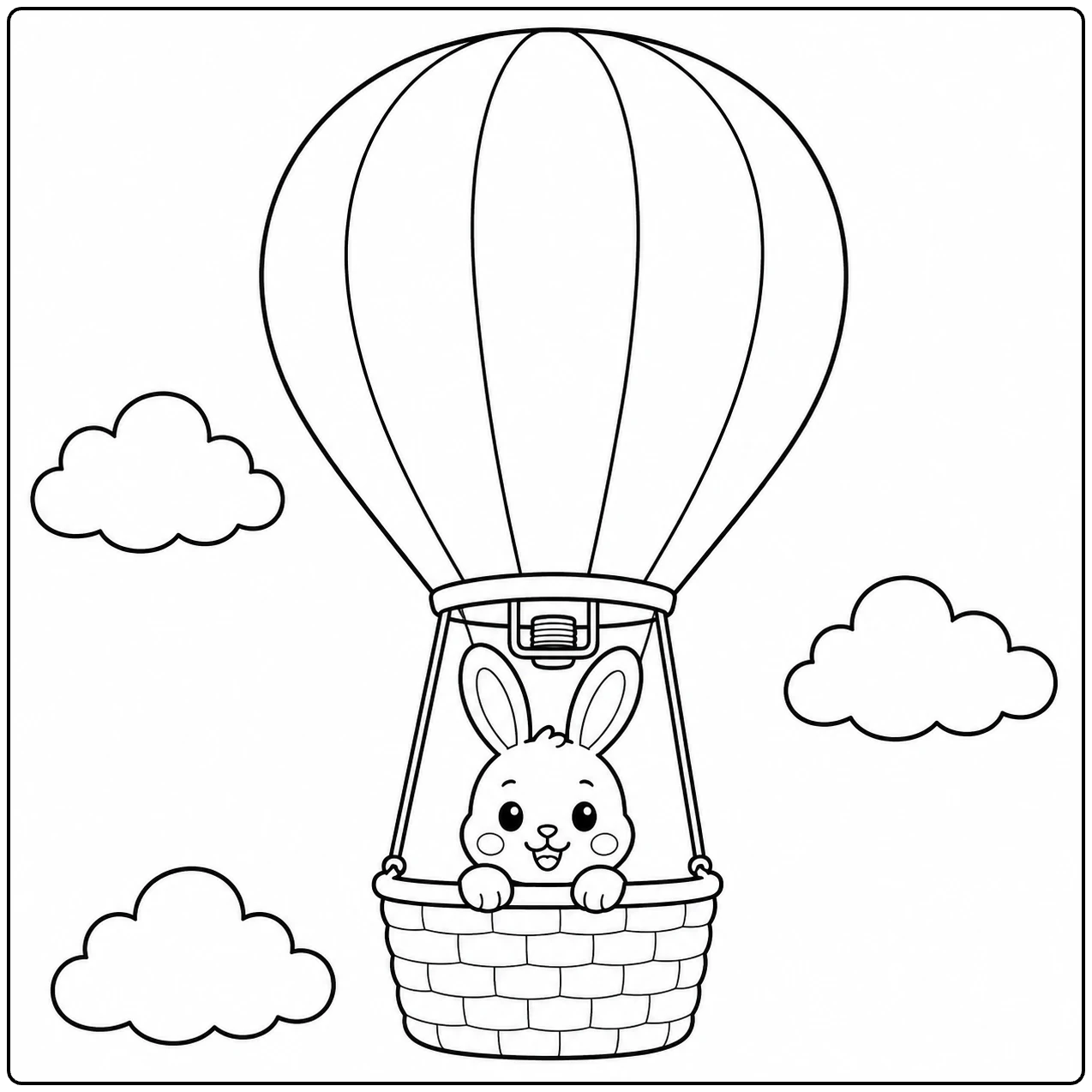 Konijntje in de mand van een gestreepte luchtballon, vliegend langs zachte wolken