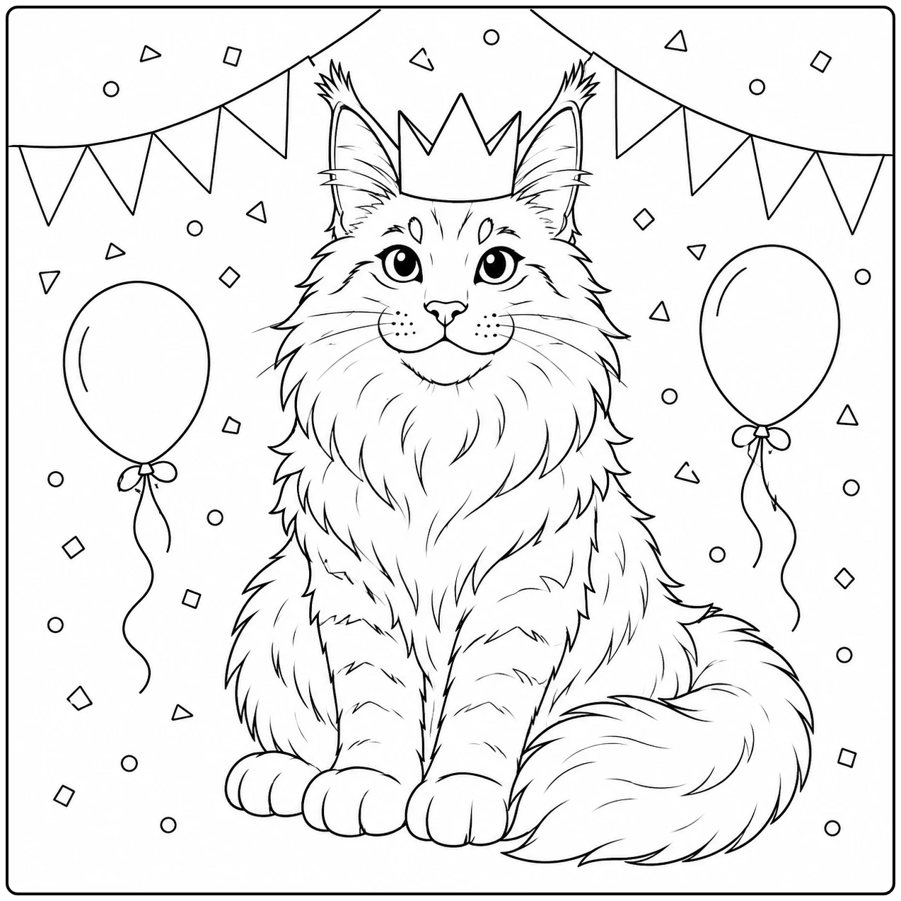 Feestelijke kat met kroon, ballonnen, slingers en confetti rondom zijn zitplek.