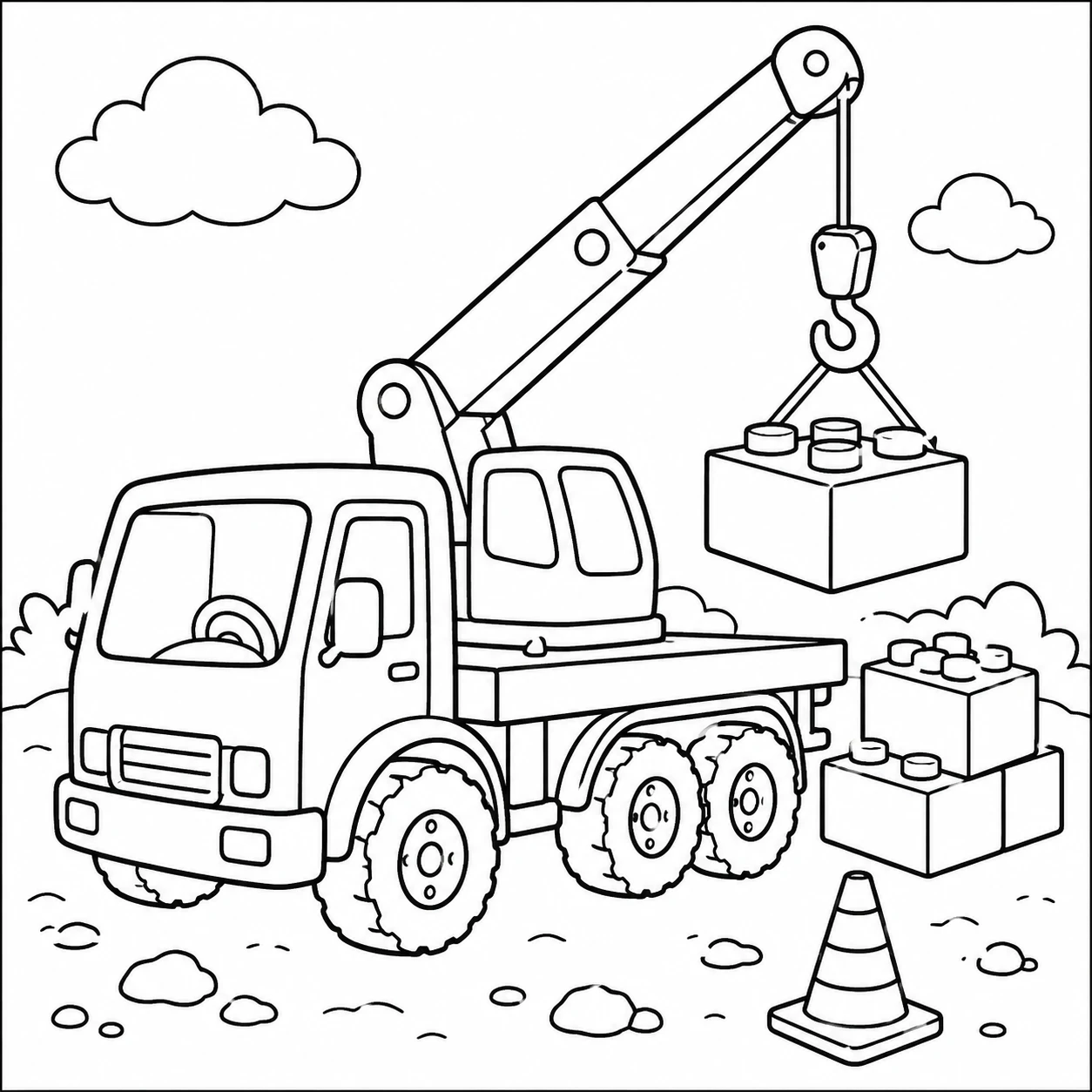 Een kleurplaat vrachtwagen met kraan toont een hijsklus met blokken en verkeerskegel.