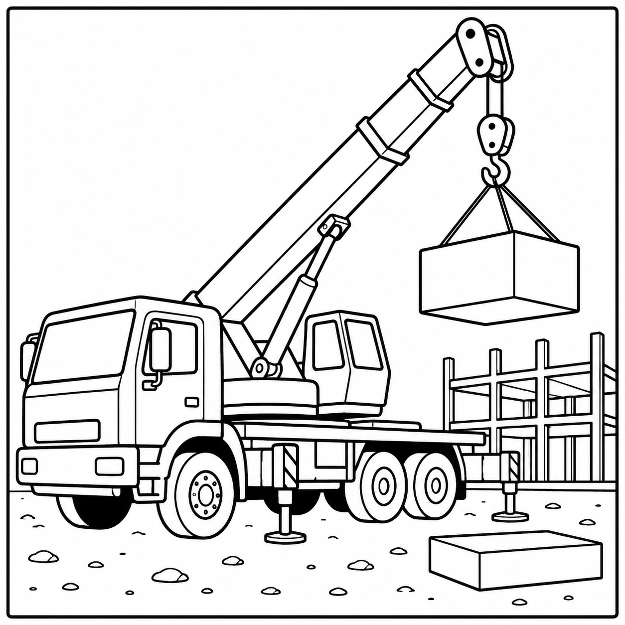 Kraanwagen heft een groot bouwblok boven een eenvoudige bouwplaats met steunpoten en hekwerk.