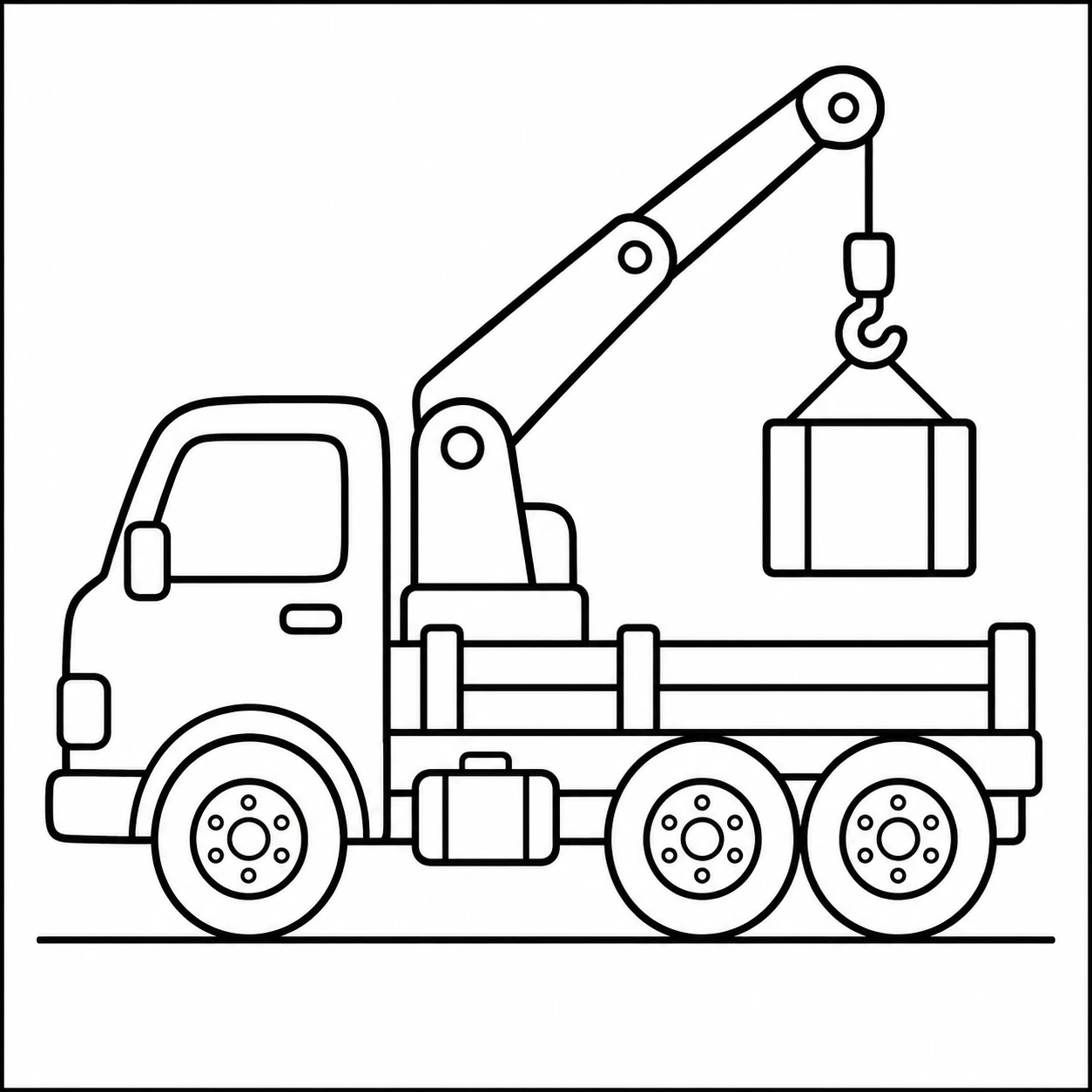 Kleurplaat vrachtwagen met kraan die een rechthoekige last boven de laadbak tilt.
