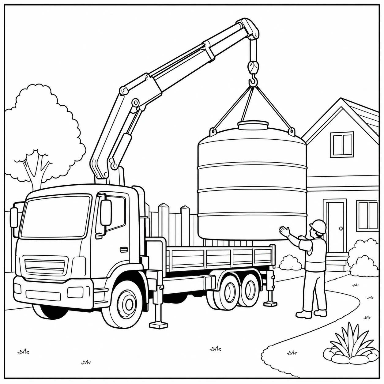 Kraanwagen met grote ronde tank op de laadbak naast een huis en bomen.